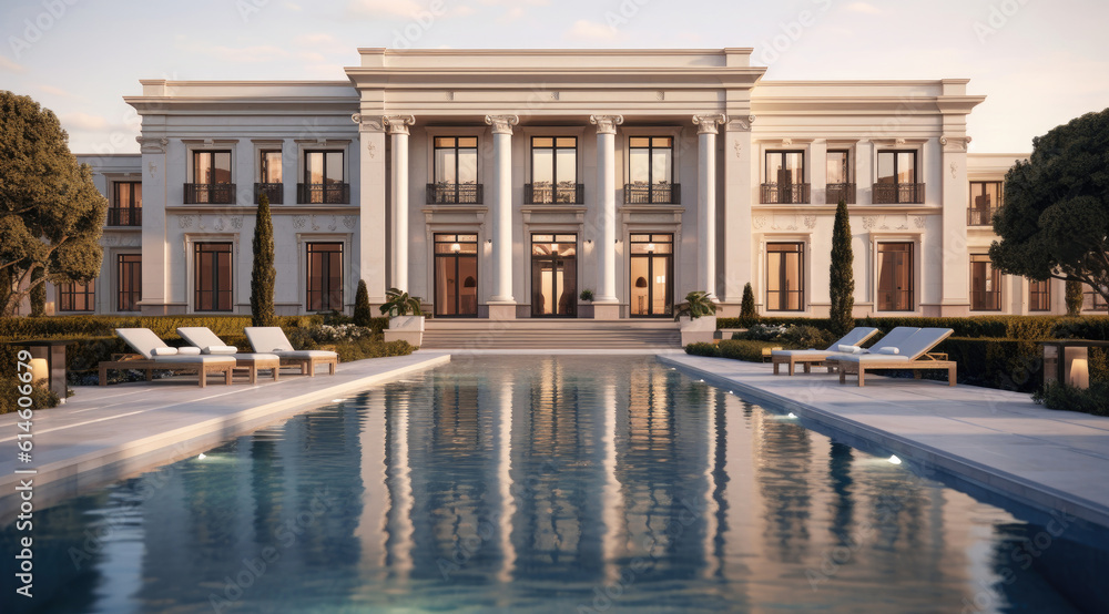 Fototapeta premium Luxury Modern Villa or Hotel Architecture with an Outdoor Swimming Pool extreme closeup. Generative AI