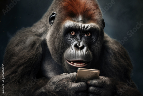 Cute Funny Gorilla Holding Mobile Phone extreme closeup. Generative AI