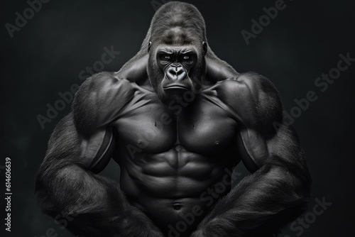 Gorilla Showing Big Muscles and Strength extreme closeup. Generative AI