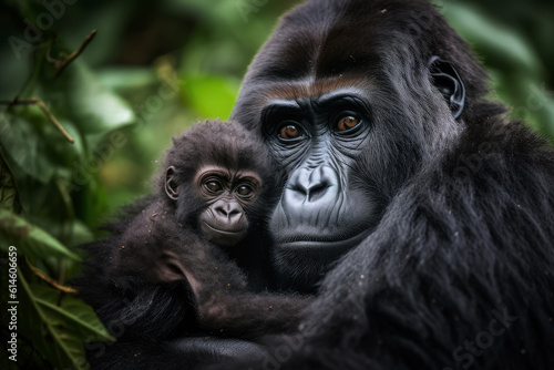 Portrait of a Strong Beautiful Loving Family of Gorillas extreme closeup. Generative AI