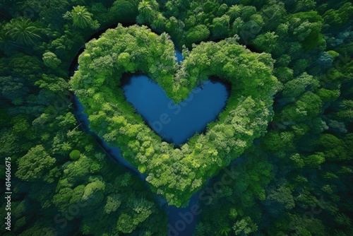 A Heart Shaped River Flows in the Middle of the Jungle, Aerial View. Generative AI