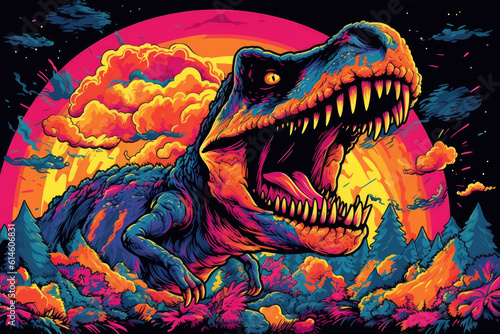 Cartoon Pop Art Psychedelic Dinosaur on a black background. Generative AI © doomu
