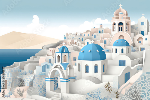 Travel to Greece Concept. Travel Poster with Paper Cut Out Beautiful Buildings on the Santorini Island extreme closeup. Generative AI