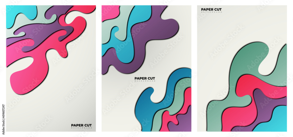 Bundle set vertical A4 banners with 3D abstract backgrounds with pink, green, blue, and violet paper cut waves. Vector design layout for business presentations, flyers, posters, and invitations.