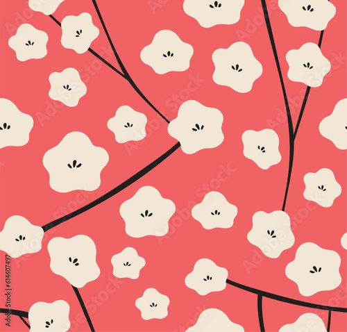 Floral seamless background with Japanese pattern vector. Gold cherry blossom with geometric pattern.