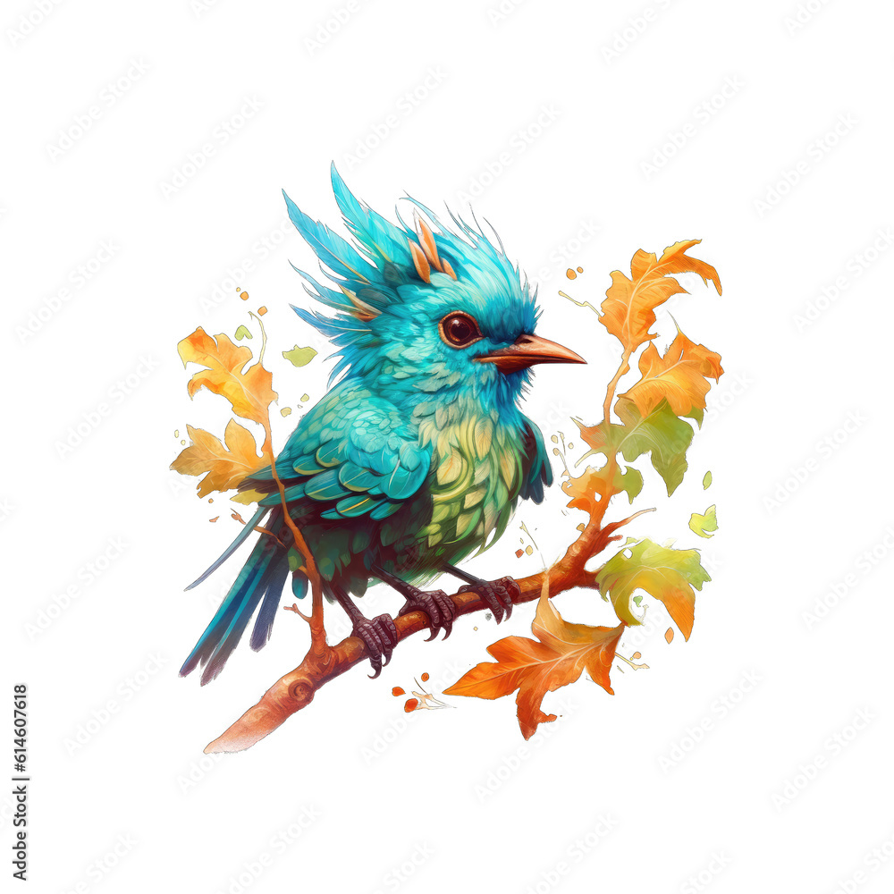 Fototapeta premium Breezy is a whimsical turquoise bird with long feathers and a wide, friendly smile.
