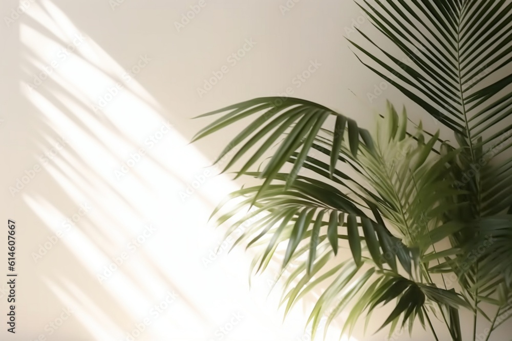 Fototapeta premium Blurred shadow from palm leaves on the Ivory wall. Minimal abstract background for product presentation.