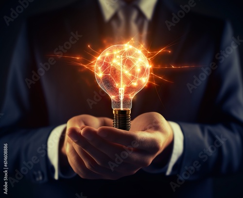 Businessman hand holding lightbulb with glowing