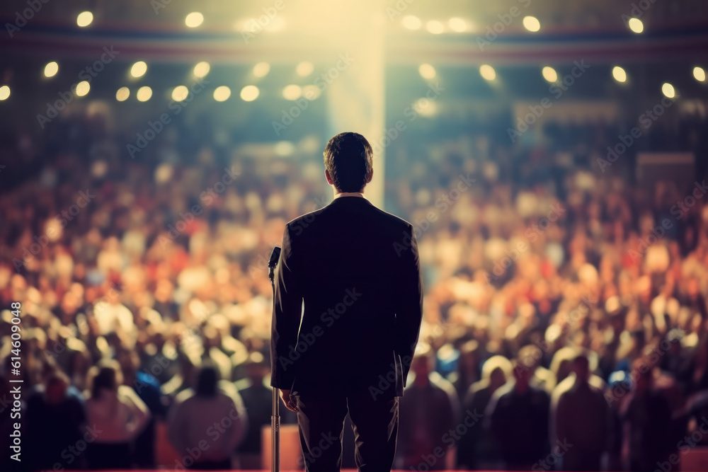 elective candidate on election campaign with headset on stage, back view.Generative A. elective candidate on election campaign with headset on stage, back view.Generative A.