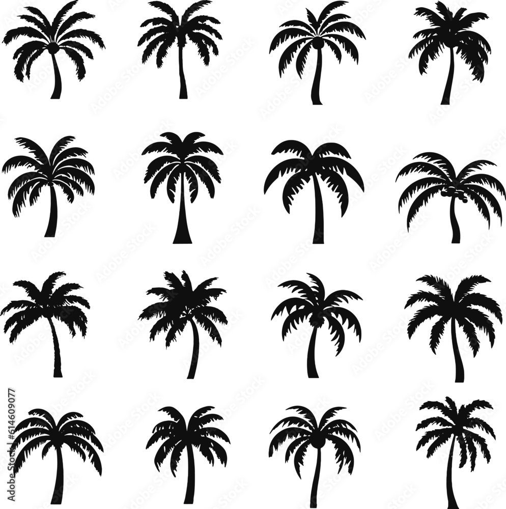 Set of palm tree design, 16 styles coconut palm tree silhouette vector isolated