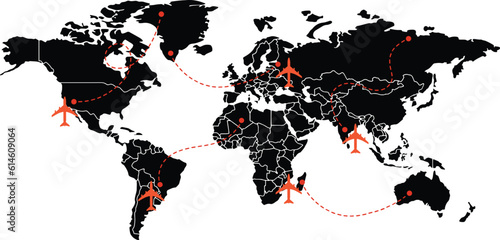 World map and flying plane routes , Business tourism destination concept, vector isolated