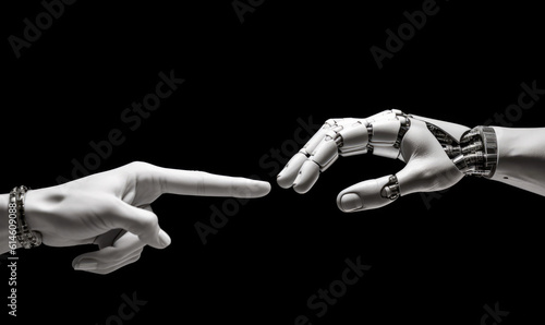 White cyborg finger about to touch human finger