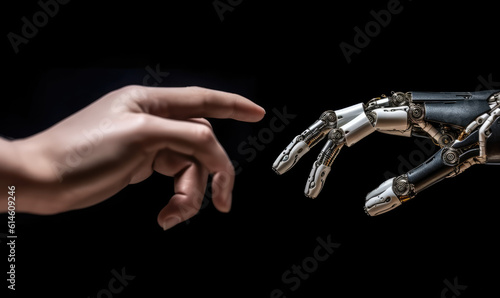 White cyborg finger about to touch human finger