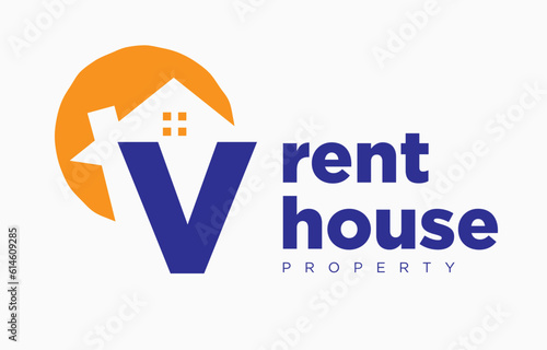 letter V house and sun vector design element for real estate logo or realty exhibition