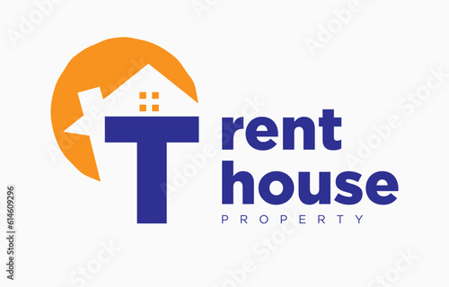 letter T house and sun vector design element for real estate logo or realty exhibition