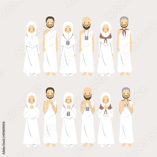 Set of figurative characters Muslim couple hajj and umrah as Islamic pilgrimage in different identification signs