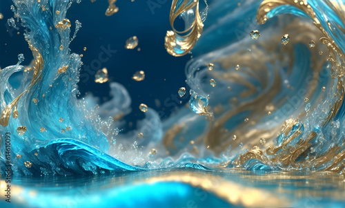 Blue Topaz and gold liquid waves Wallpaper, Marbles Texture Liquid Luxury Wallpaper, Generative AI