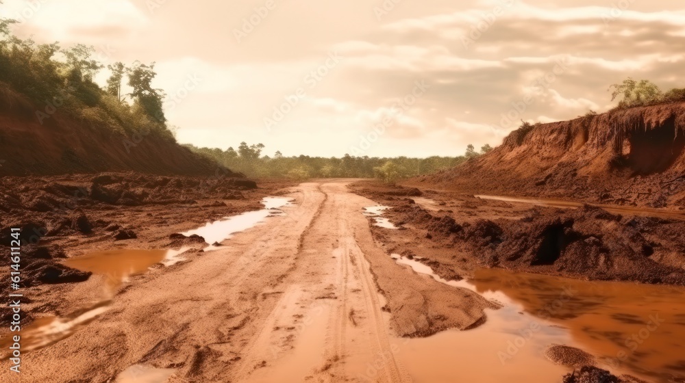 road destroyed by lines and landslides and mudflows. natural disaster and environmental disaster. Generative AI road destroyed by lines and landslides and mudflows. natural disaster and environmental disaster. Generative AI