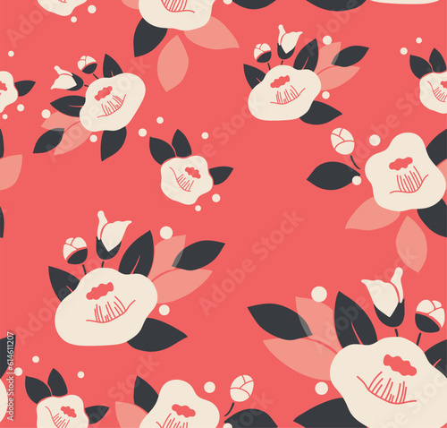 Floral seamless background with Japanese pattern vector. Red and black flower patterm with geometric pattern.