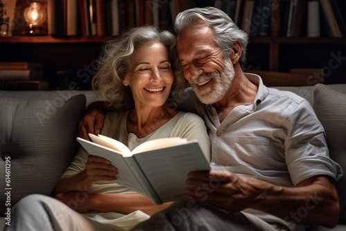 Happy mature elderly couple laughing sitting on the sofa in the evening and reading a book while chatting.Generative A 