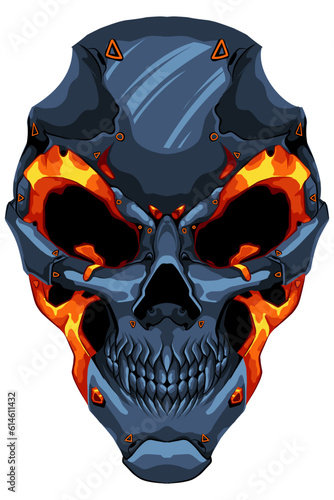 Fiery fiery iron skull robot, with eyes ablaze like molten coals, radiating an intimidating aura as its metal visage strikes fear into the hearts of all who behold it.