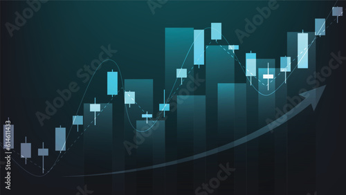 economy situation concept. Financial business statistics with bar graph and candlestick chart show stock market price and currency exchange on green background