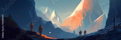 journey to new frontiers with this futuristic illustration of a group of adventurers hiking through majestic mountains, Generative AI