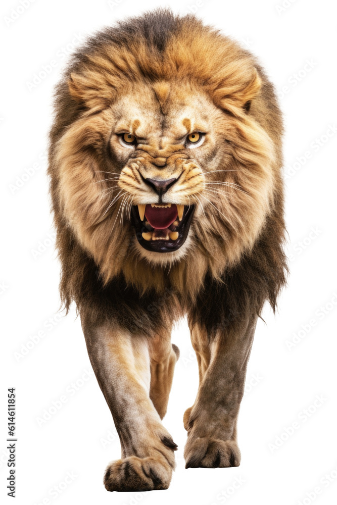 Angry Lion Walking Front View Isolated on Transparent Background - Generative AI
