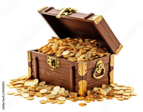 Treasure Chest Full of Gold Coins Isolated on Transparent Background - Generative AI
 photo