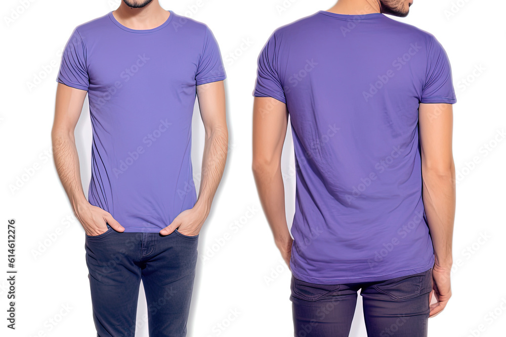 Obraz premium Photo realistic male purple t-shirts with copy space, front, and back view