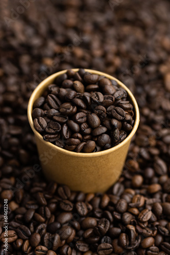 Macrophotography of roasted coffee beans.
