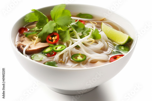 noodle white background bowl asian dish traditional vietnamese soup food broth. Generative AI.