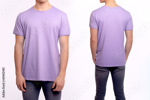 Photo realistic male purple t-shirts with copy space, front, and back view