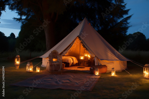 light canvas forest nature glamping vacation camping travel tent luxury. Generative AI.