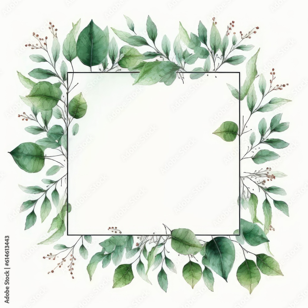 Square frame of green leaves with watercolor painting with watercolor ...