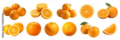 Orange oranges fruit, many angles and view side top sliced halved cut isolated on transparent background cutout, PNG file
