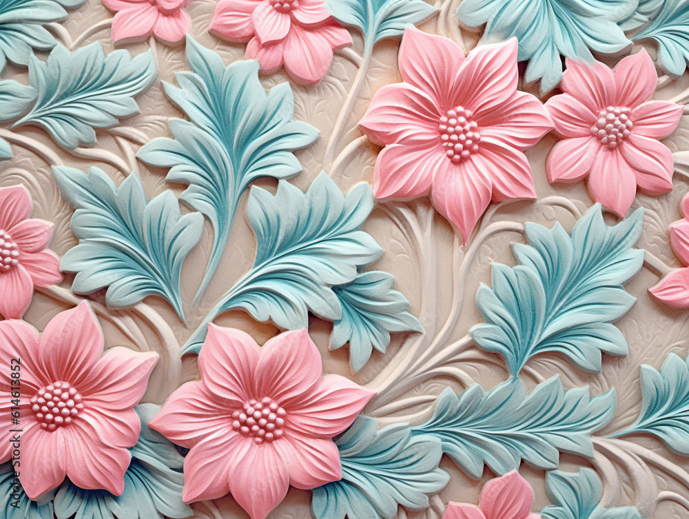 Paper craft relief of floral flowers and leaves in pastel color Paper craft relief of floral flowers and leaves in pastel color