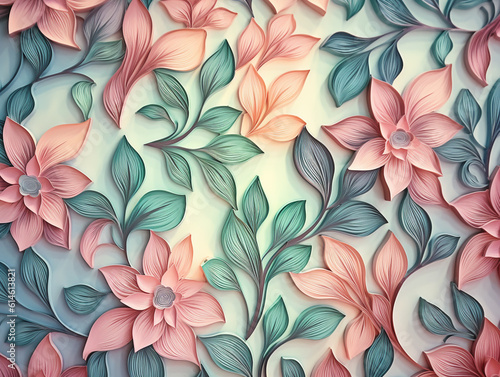 Paper craft relief of floral flowers and leaves in pastel color