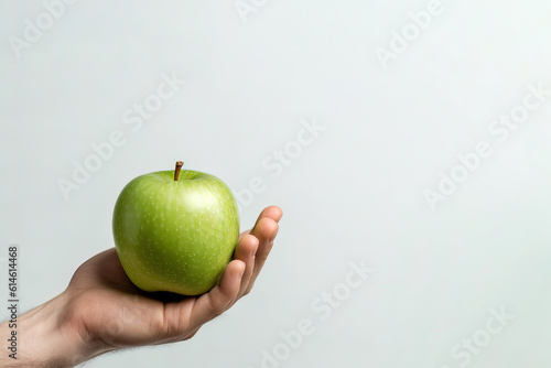 hand holding green apple with copy space