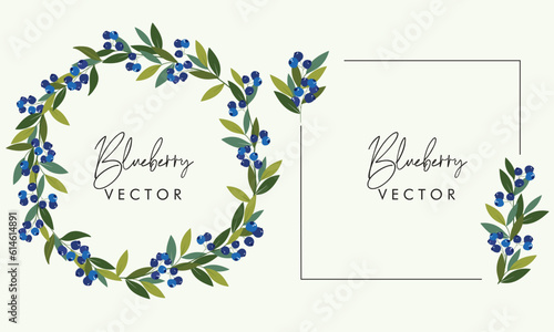 Blueberry frame with leaves graphic illustration. Set of romantic frames with ripe blueberries on white isolated background. Greeting card or invitation design