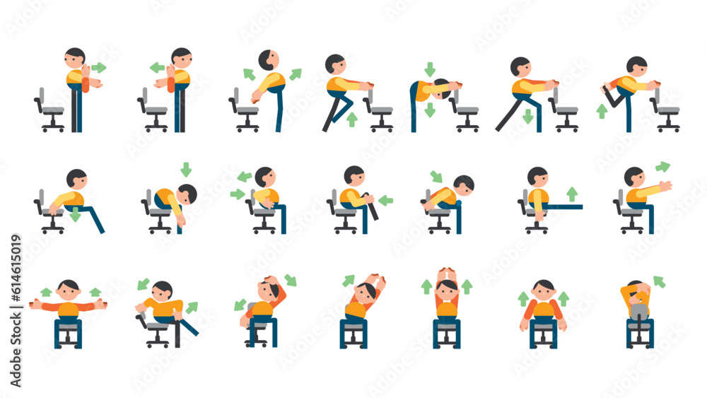 Office Stretches and exercises for the office, office yoga for tired employees with chairs. Office Stretches and exercises for the office, office yoga for tired employees with chairs.