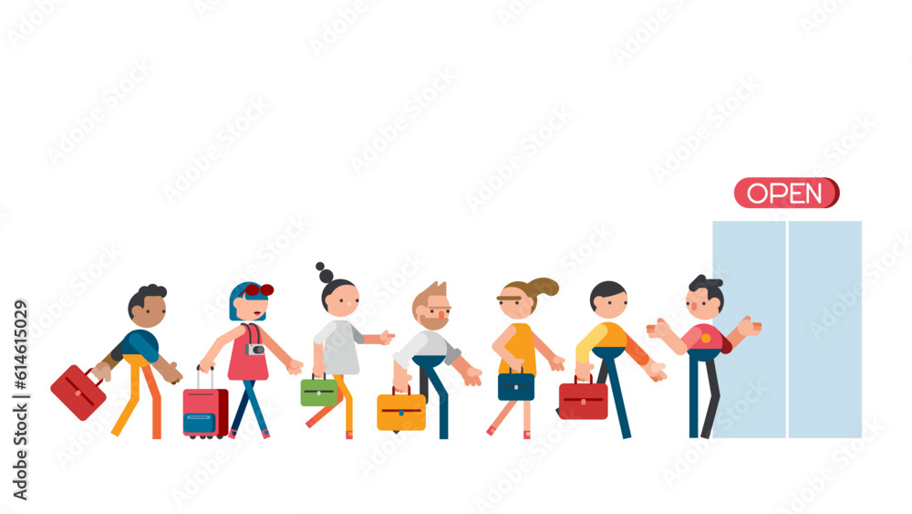 People in queue. Men and women in casual clothes, persons in line outside open store door. People in queue. Men and women in casual clothes, persons in line outside open store door.