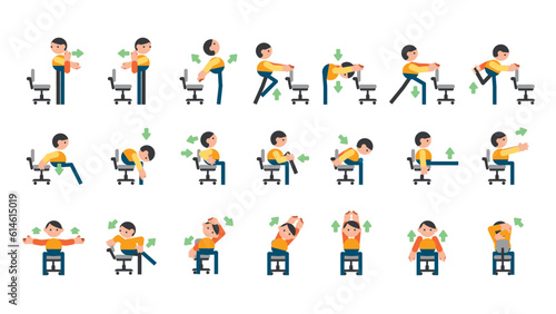 Office Stretches and exercises for the office, office yoga for tired employees with chairs.