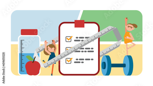 Diet plan checklist. People doing exercise, training and planning diet with fruit and vegetable. Girl doing yoga. Nutrition weight loss diet, individual dietary. Health lifestyle, fitness