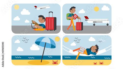 Relaxed people set, enjoy summer vacation or travel.