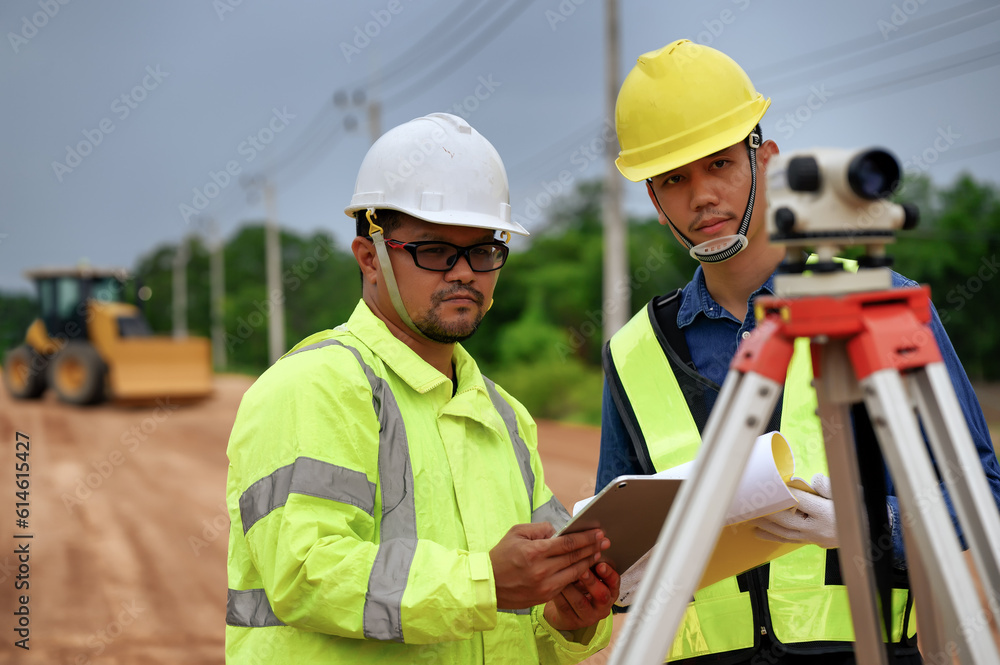 Asian surveyor engineer two people checking level of soil with Surveyor's Telescope equipment to measure leveling for cut and fill, started leveling the ground at the highway road construction site. Asian surveyor engineer two people checking level of soil with Surveyor's Telescope equipment to measure leveling for cut and fill, started leveling the ground at the highway road construction site.