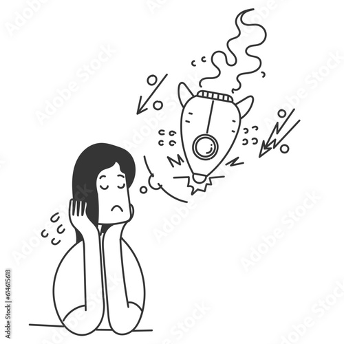 hand drawn doodle business woman think Fail rocket new business unexpected entrepreneur bankruptcy