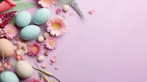 Happy Easter Day banner concept design of colorful eggs and plants on pastel background