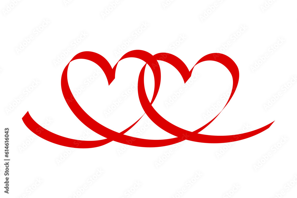Two linked heart. Red heart shape from ribbon. Two linked heart. Red heart shape from ribbon.