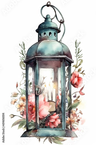 Lantern with candle and flowers. Watercolor hand drawn illustration